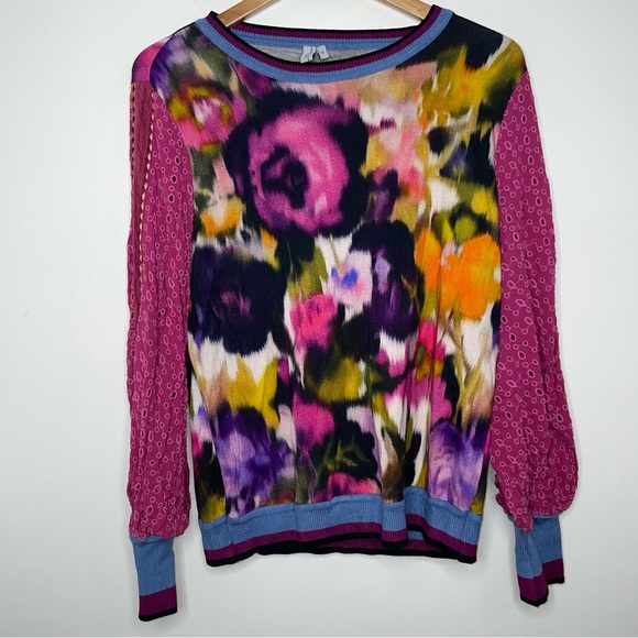 Anthropologie Bl^nk London Pullover Top Women S Pink Contrast Eyelet Puff Sleeve - Picture 16 of 16